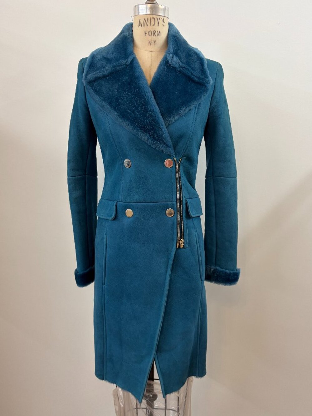 Versace Collection Teal Shearling Leather Coat – FW15/16 – IT Size 40, US Sz 4
